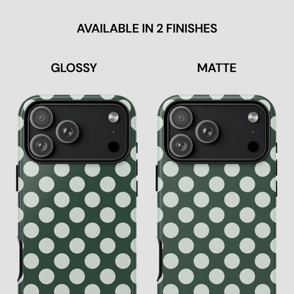 Two phone case designs with polka dot pattern, one glossy and one matte, on a white background.