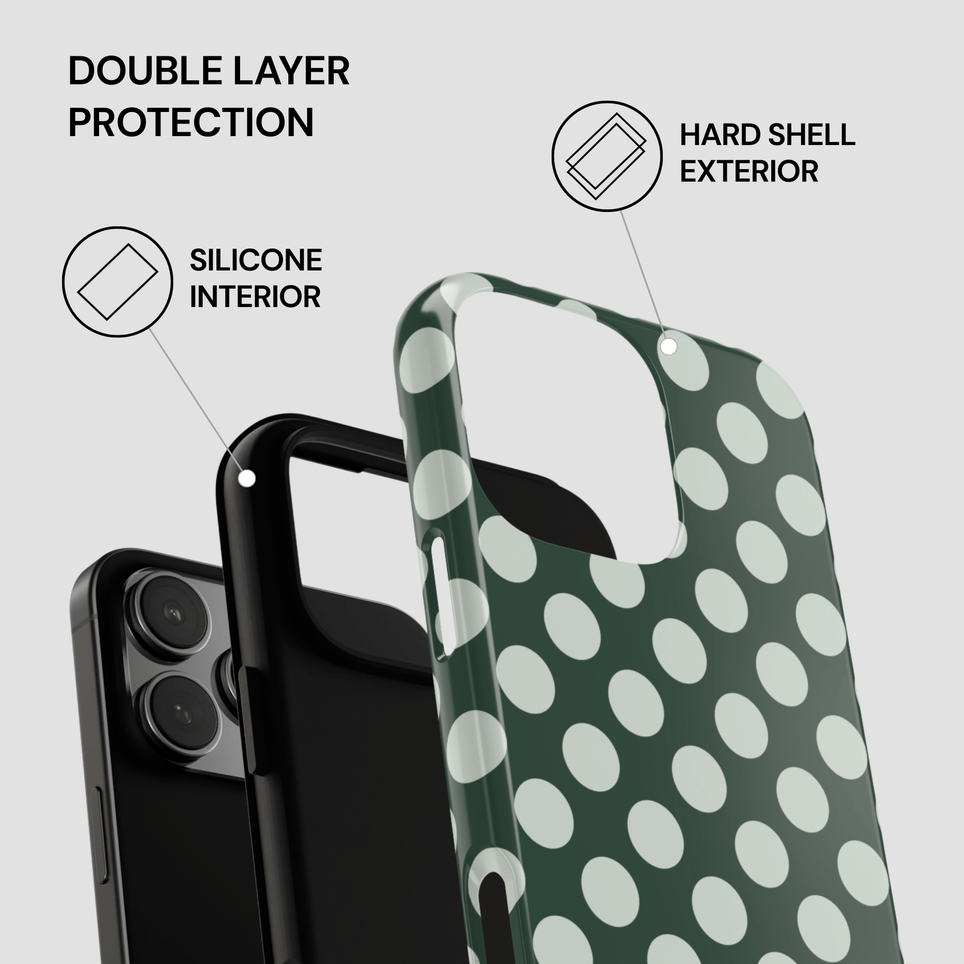 Green phone case with white polka dots and text highlighting double-layer protection on a light gray background.