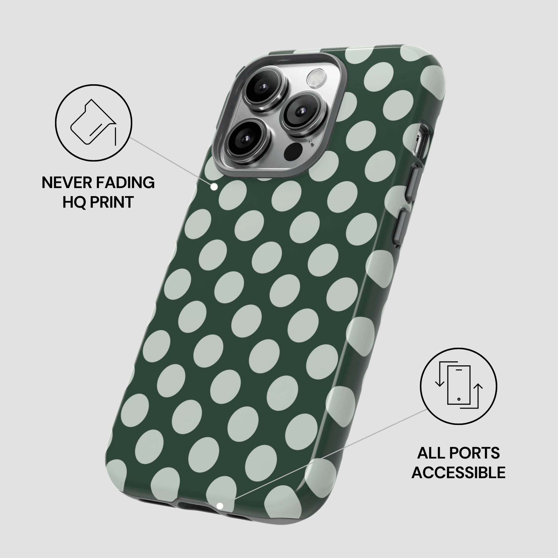Green phone case with white polka dots on a light gray background