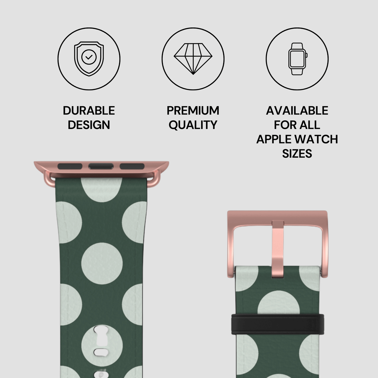 Green polka dot watch strap with rose gold buckle on a light gray background, featuring durability, quality, and size availability text.