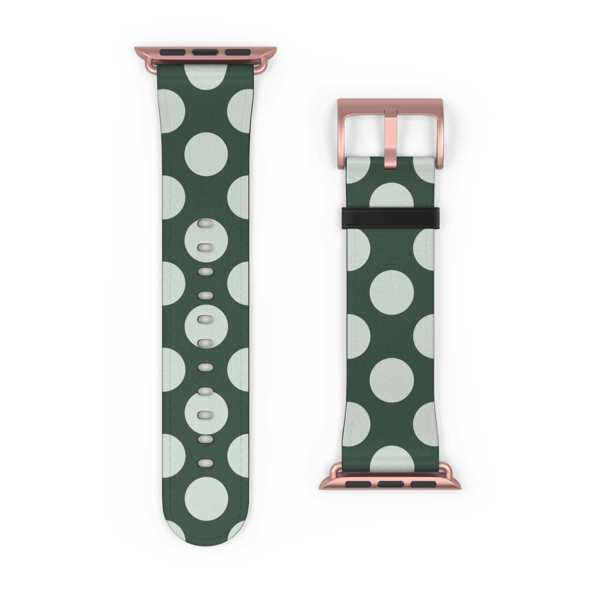 Two green watch straps with white polka dots and rose gold hardware on a white background