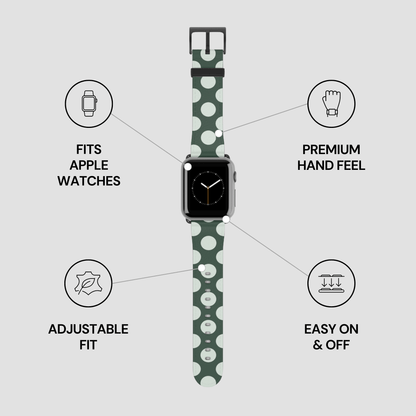 Green polka dot watch band with features listed on a gray background