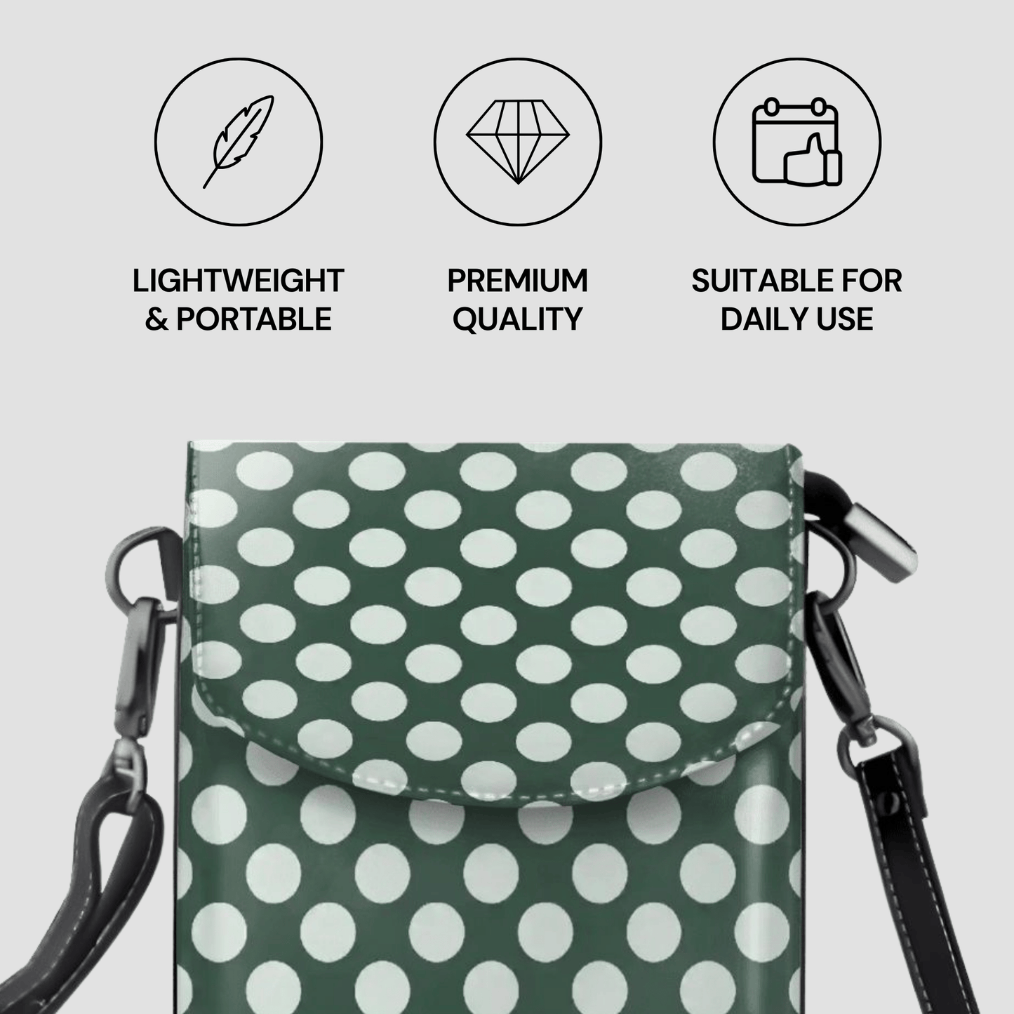 Green polka dot bag with features labeled on a light gray background