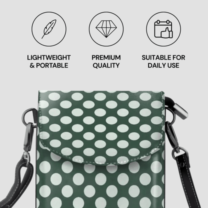 Green polka dot bag with features labeled on a light gray background