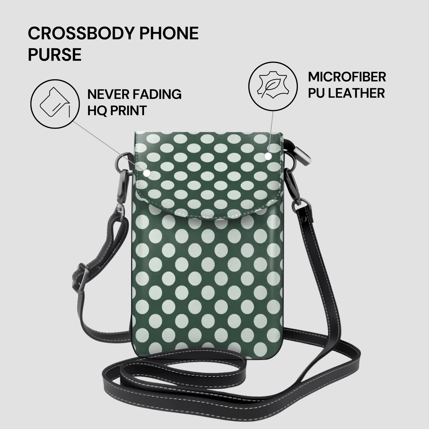 Green crossbody phone purse with white polka dots on a light gray background
