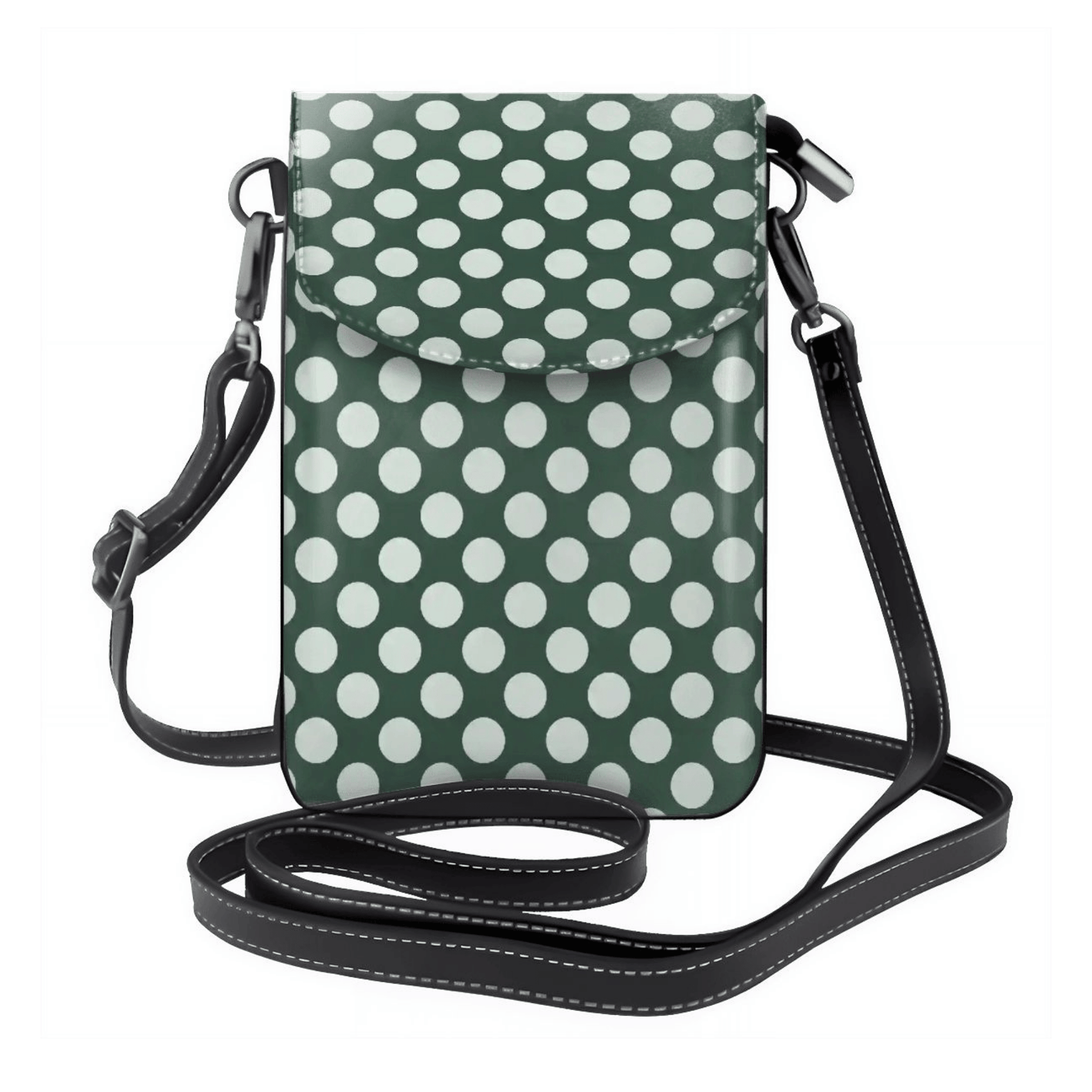 Green crossbody bag with white polka dots on a white background