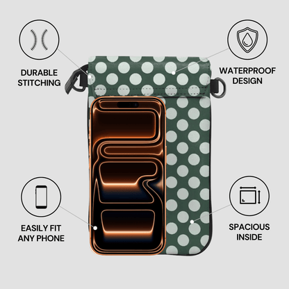 Green polka dot pouch with compartments on a light gray background, featuring text on durability, waterproof design, phone compatibility, and spaciousness.