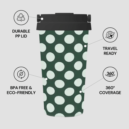 Green reusable coffee cup with white polka dots on a gray background, featuring text labels about its features.