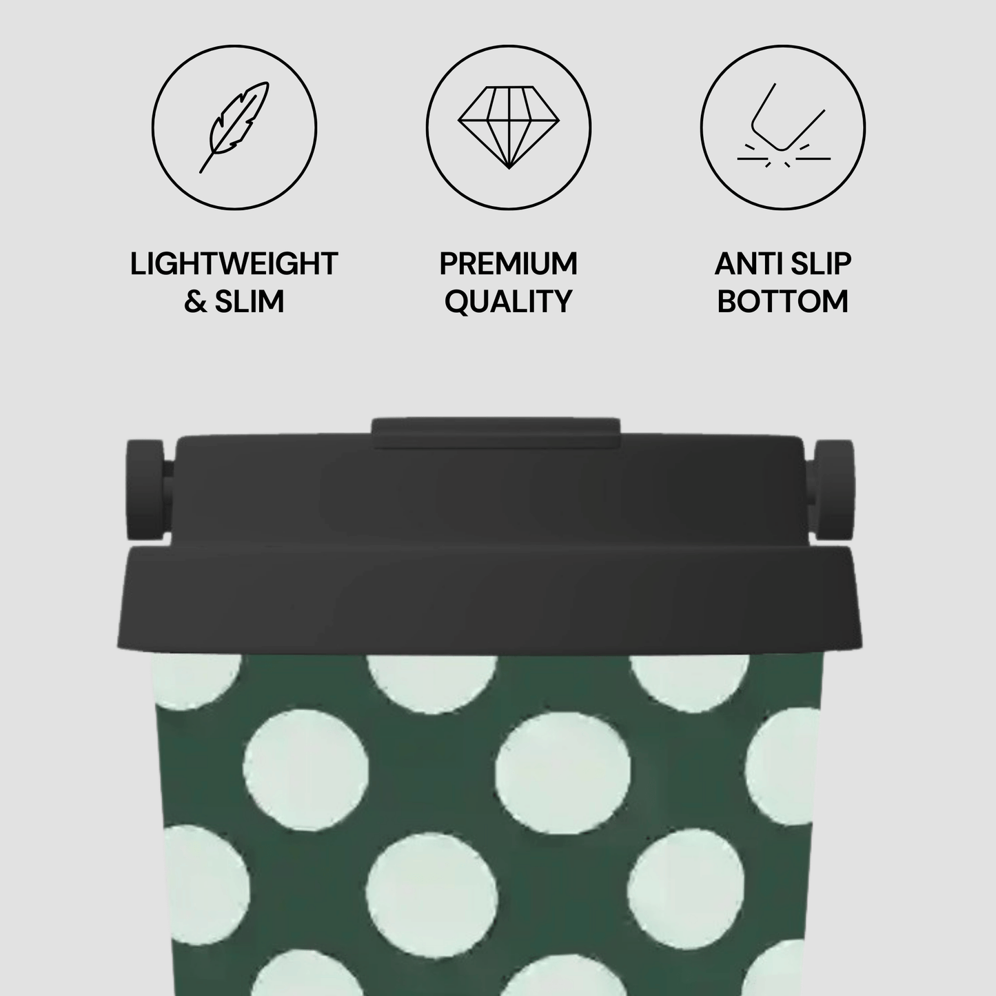Green and white polka dot bag with black lid and text indicating features on a light gray background