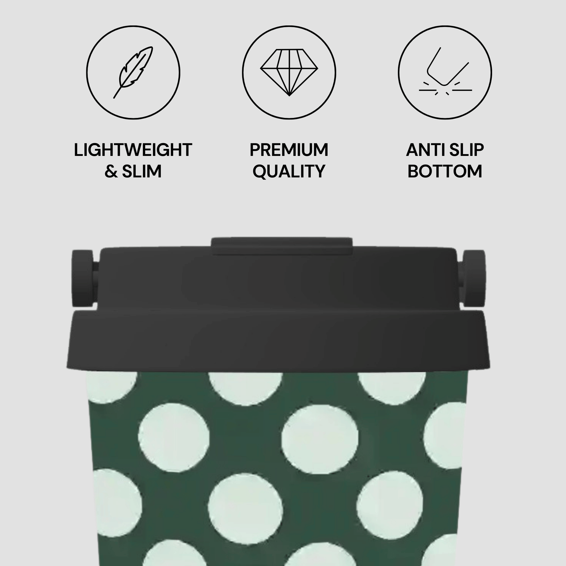 Green and white polka dot bag with black lid and text indicating features on a light gray background