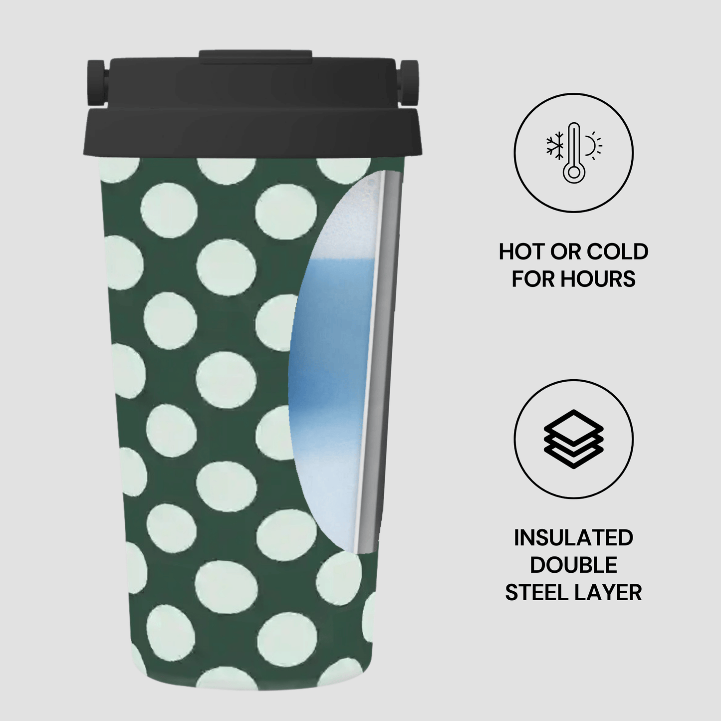 Green travel mug with white polka dots on a light gray background