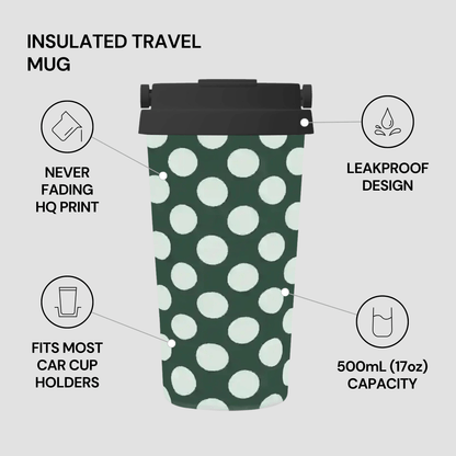 Green insulated travel mug with white polka dots on a gray background, featuring text about its features.