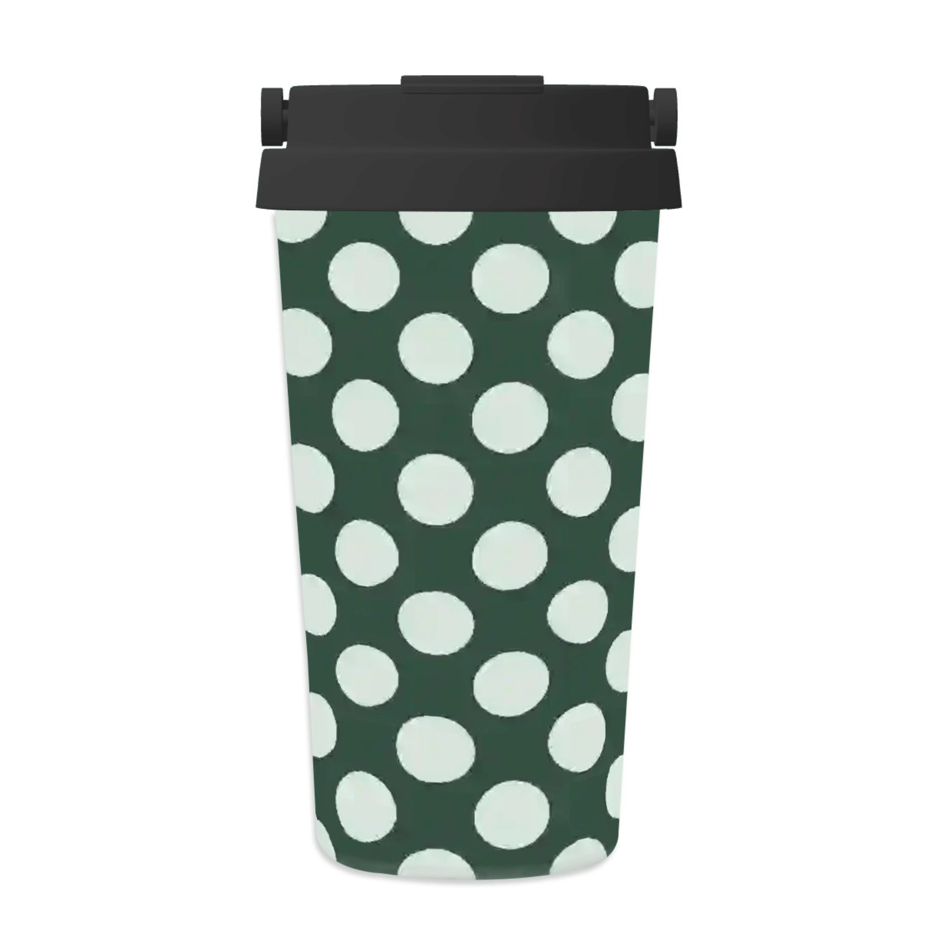 Green tumbler with white polka dots and black lid on a white background