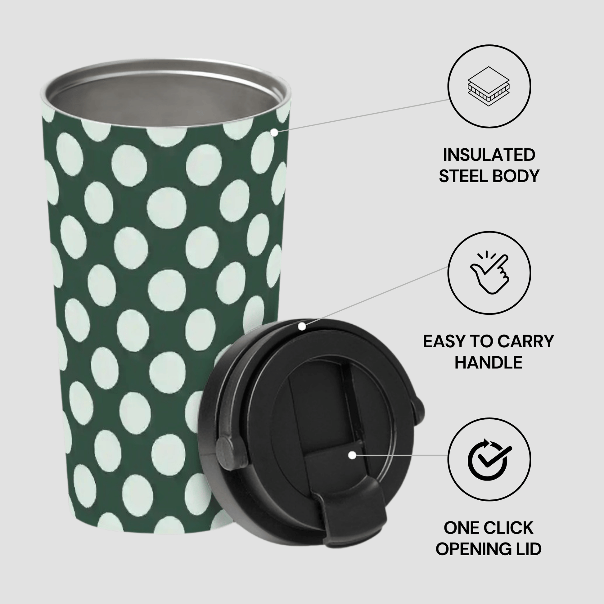 Green polka dot tumbler with black lid on a light gray background