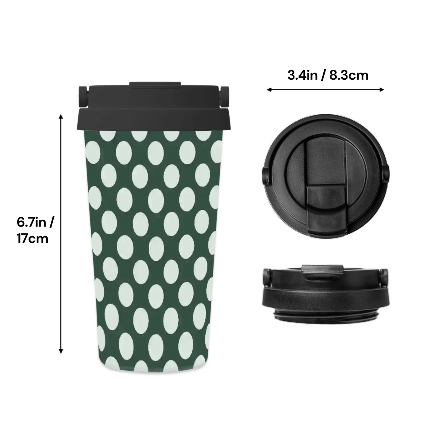 Green travel mug with white polka dots and black lid measurements on a white background