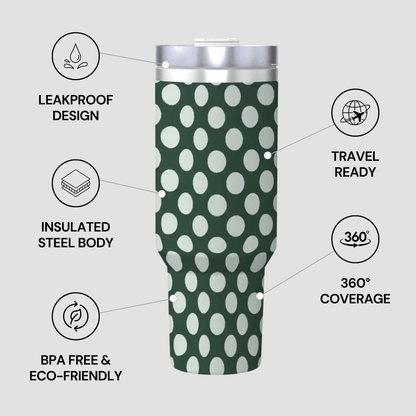 Green polka dot tumbler with features highlighted on a gray background