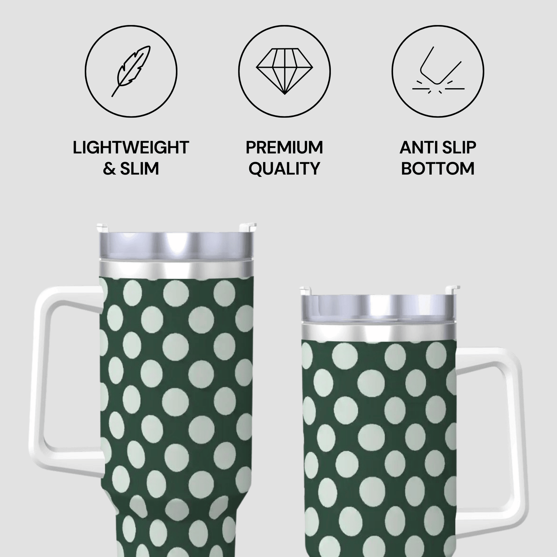 Green travel mug with white polka dots and features listed on a gray background