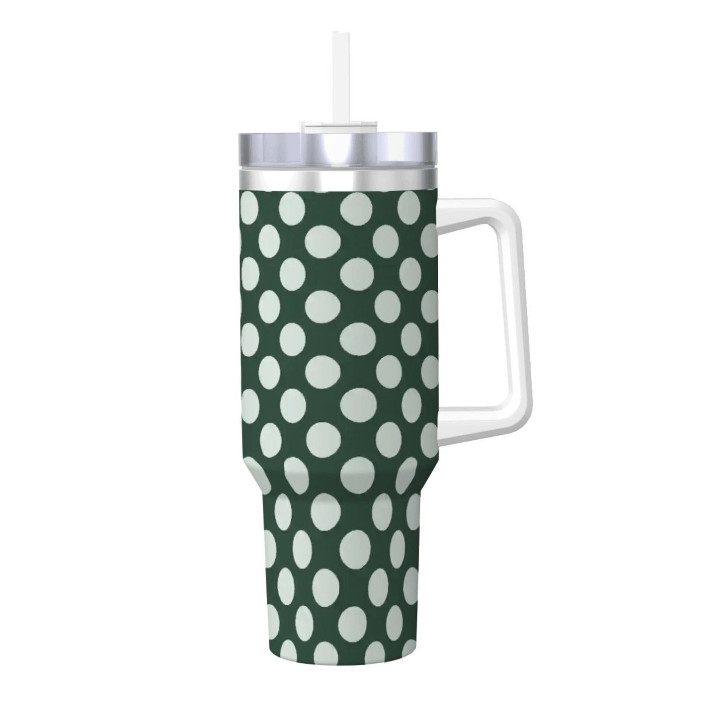 Green tumbler with white polka dots and a handle on a white background