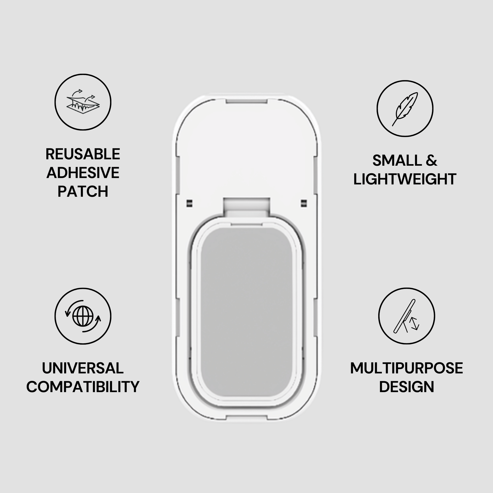 Reusable adhesive patch with features listed on a gray background