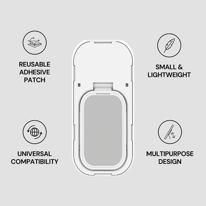 Reusable adhesive patch with features listed on a gray background