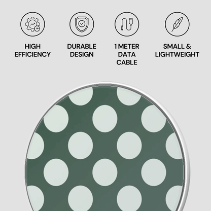 Green and white polka dot product with icons and text on a light gray background
