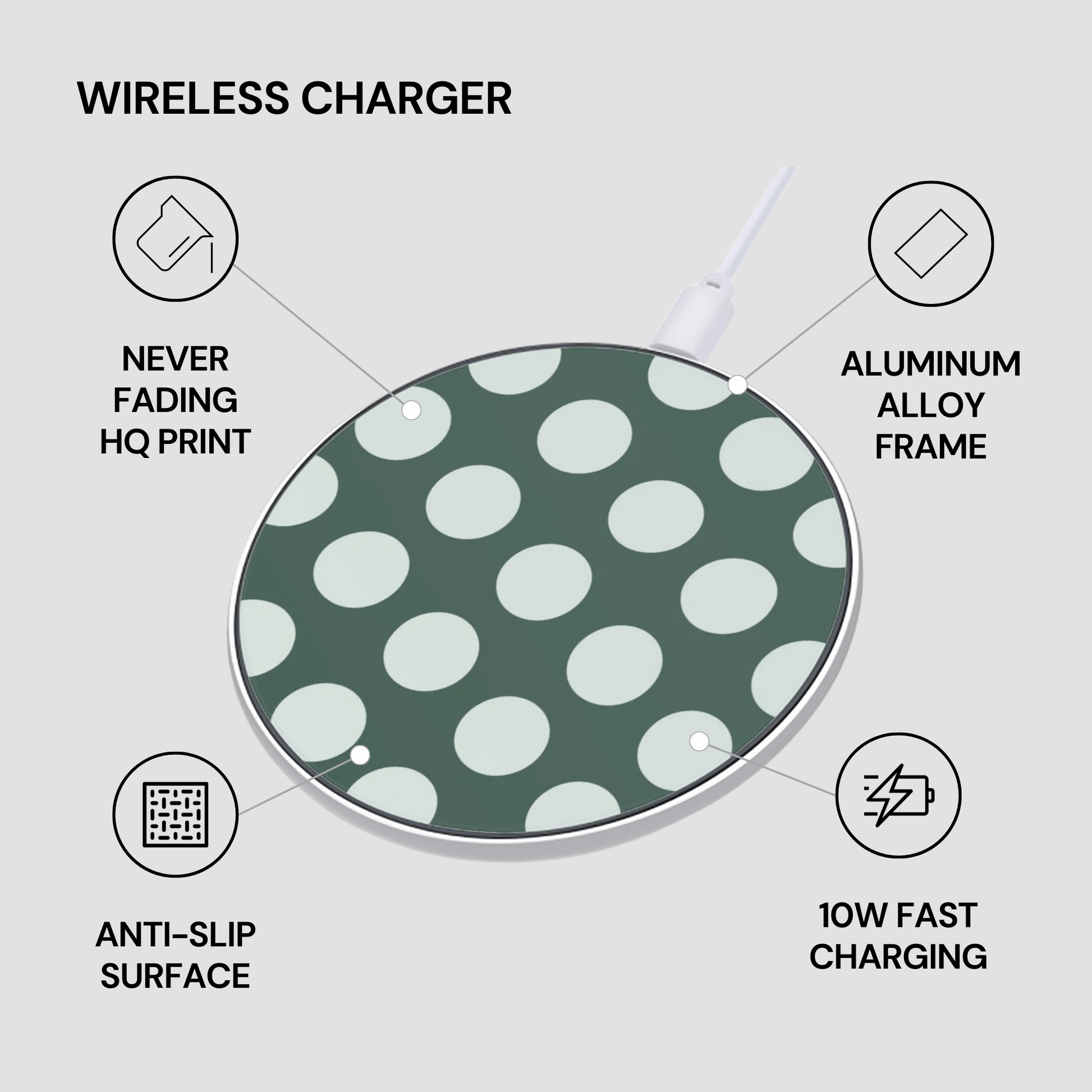 Wireless charger with green and white polka dot design on a gray background