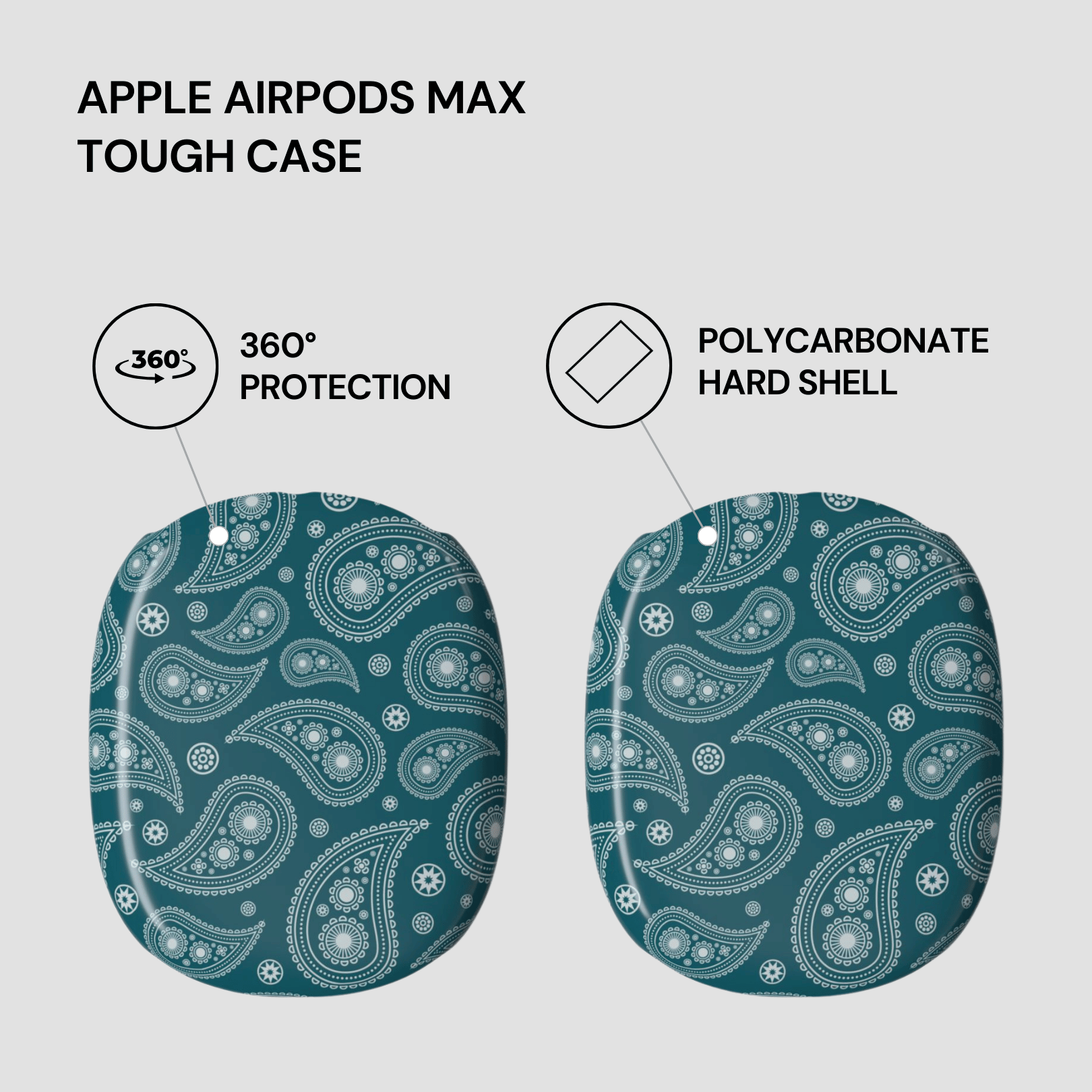 Tough case for Apple AirPods Max with paisley pattern on a gray background