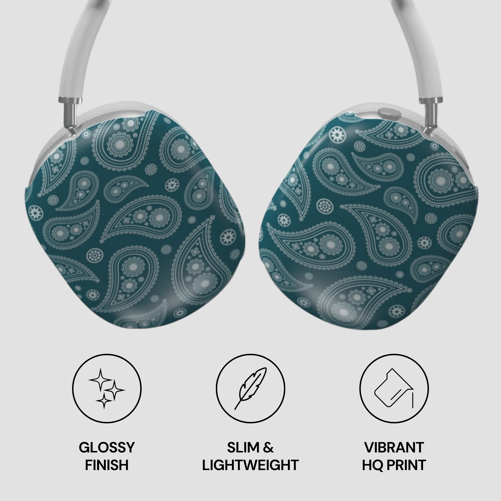 Teal and white paisley patterned headphones on a light gray background with feature icons below.