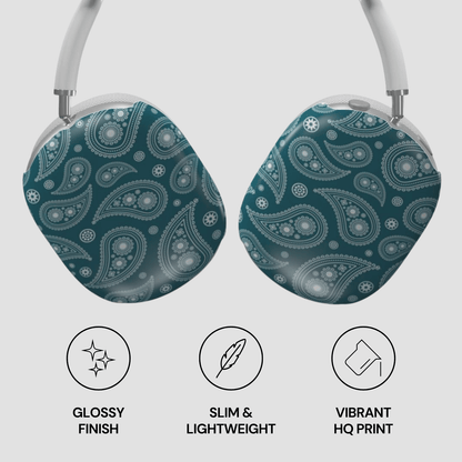 Teal and white paisley patterned headphones on a light gray background with feature icons below.