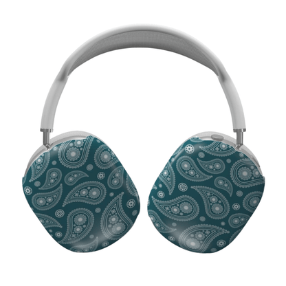 Headphones with teal and white paisley pattern on a white background