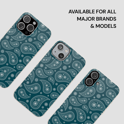 Three phone cases with a teal paisley pattern on a light gray background, with text indicating compatibility for major brands and models.