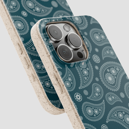 Phone case with paisley pattern and beige border on a light gray background