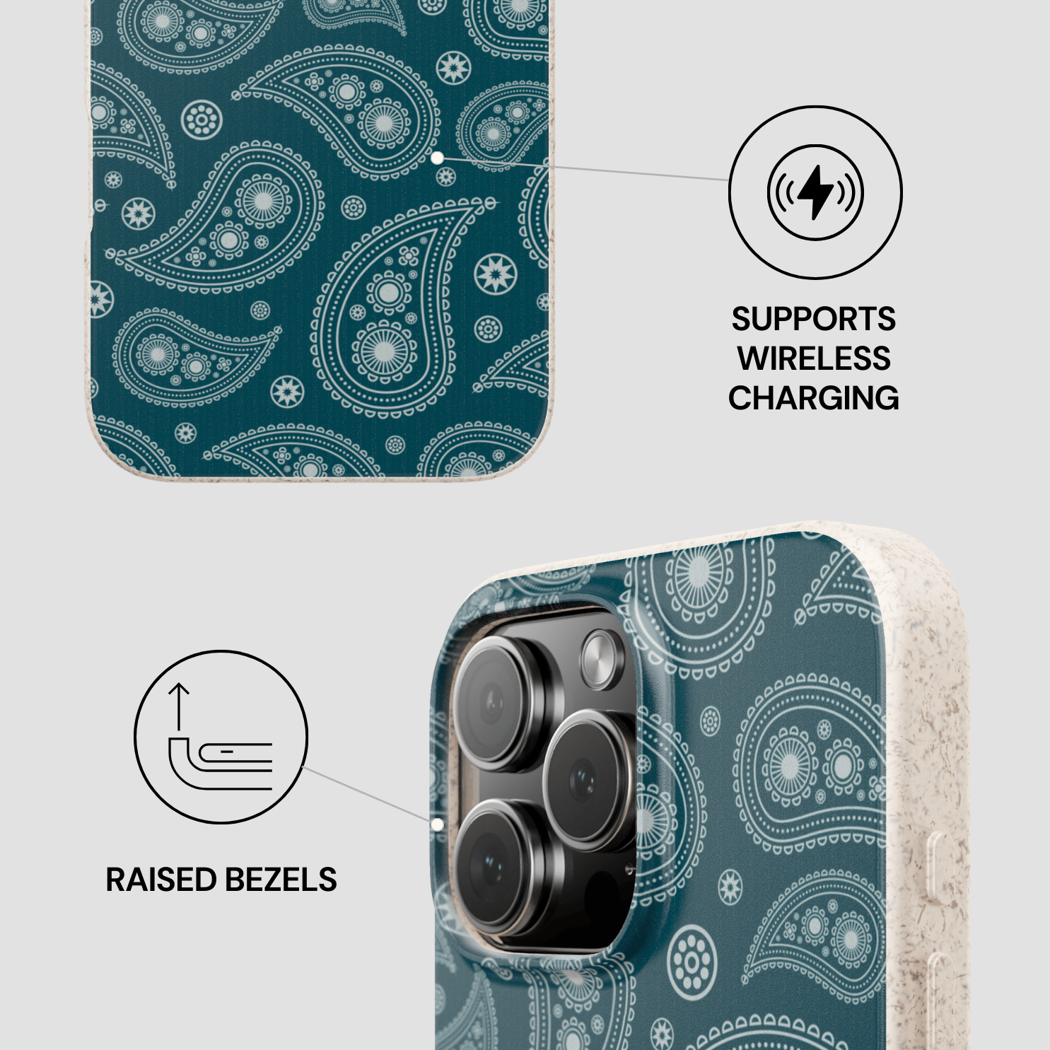 Phone case with paisley pattern and wireless charging and raised bezels features on a gray background