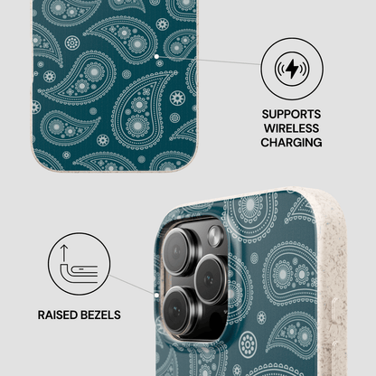 Phone case with paisley pattern and wireless charging and raised bezels features on a gray background