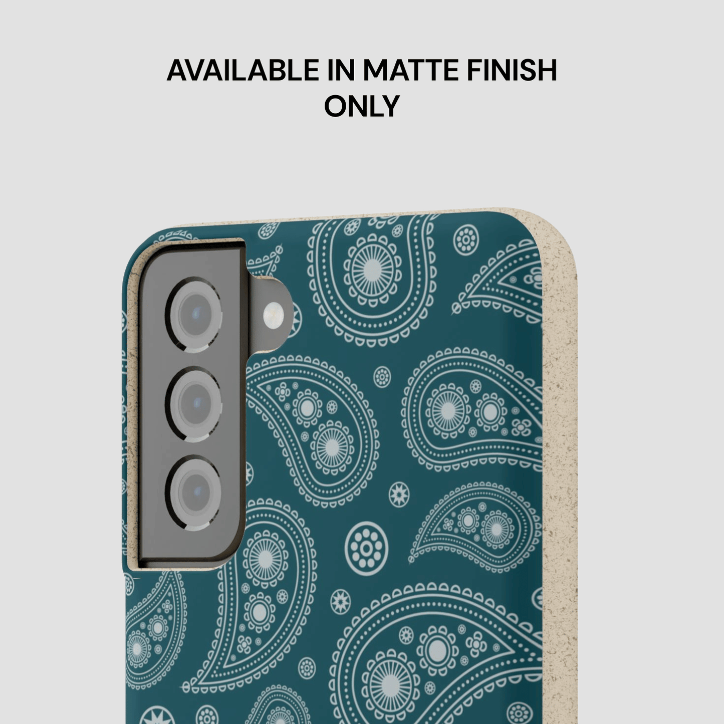 Phone case with blue paisley pattern on a light gray background