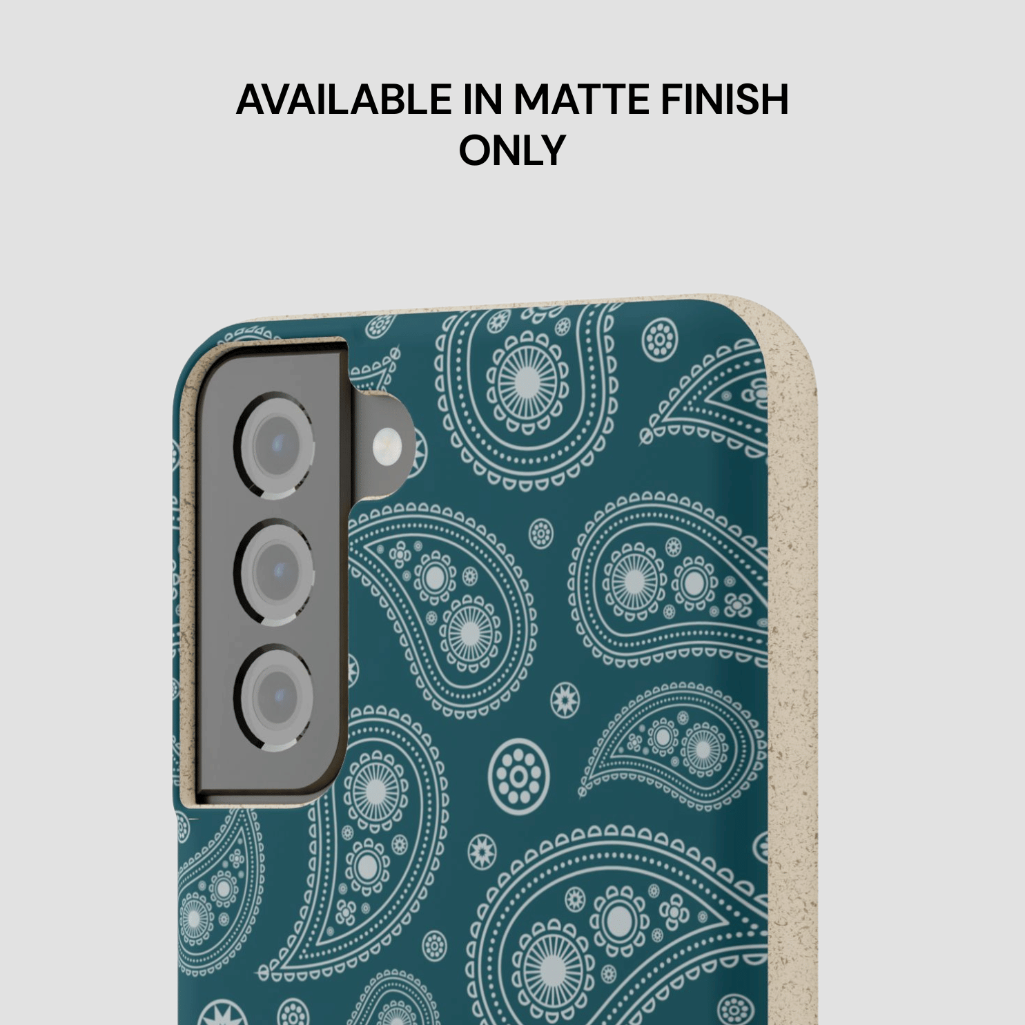 Phone case with blue paisley pattern on a light gray background