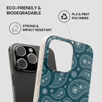 Blue patterned phone case with eco-friendly and biodegradable features on a gray background