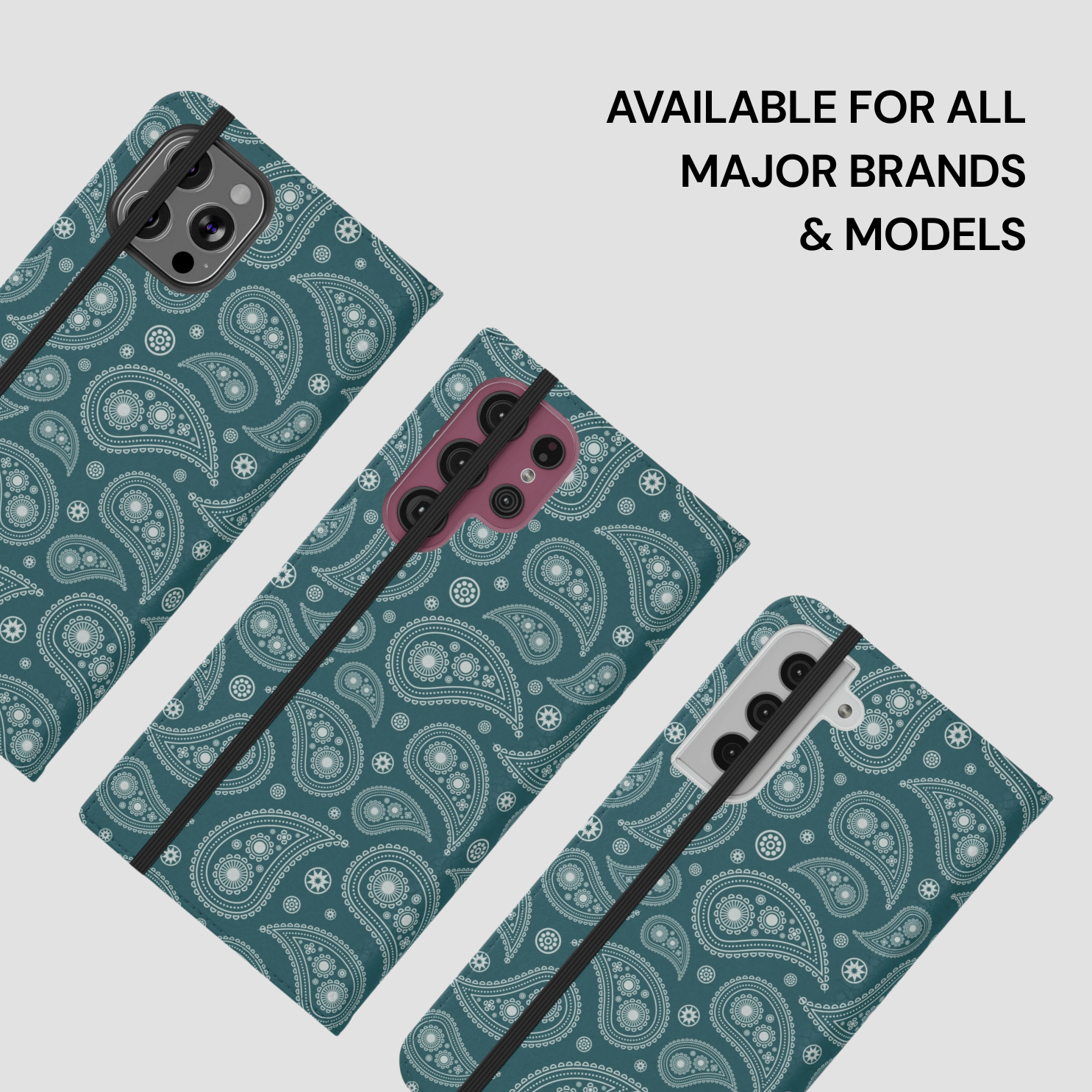 Phone cases with paisley pattern on a light gray background