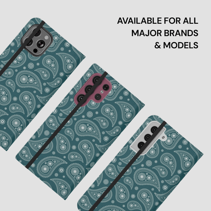 Phone cases with paisley pattern on a light gray background