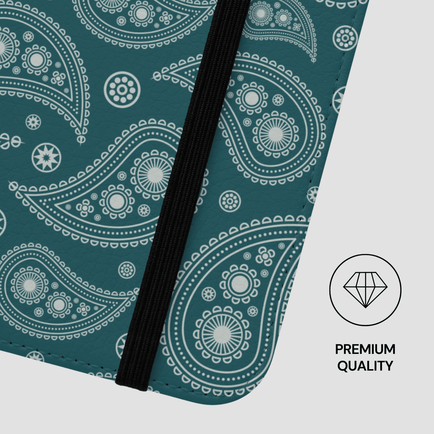 Teal case with white paisley pattern and black strap on a light gray background, featuring a 'Premium Quality' label.