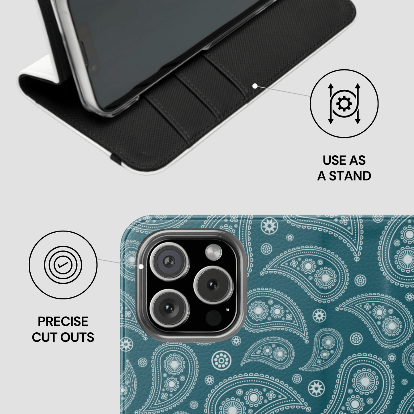 Phone case with paisley pattern and features highlighted on a white background