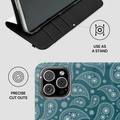 Phone case with paisley pattern and features highlighted on a white background
