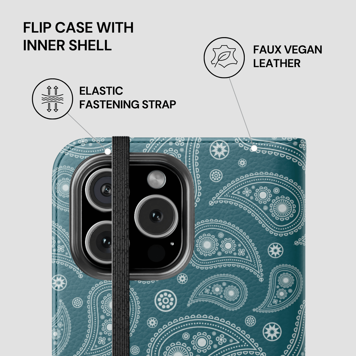 Phone case with paisley pattern and text highlighting features on a gray background