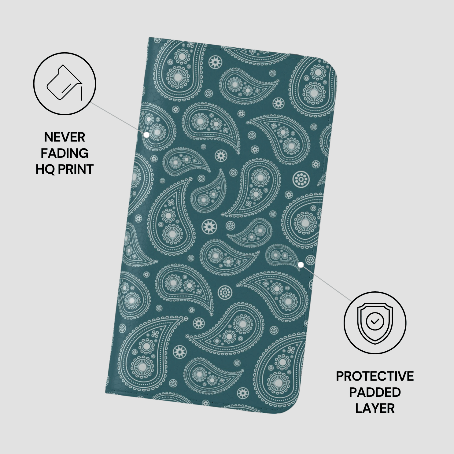 Teal fabric with white paisley pattern on a light gray background