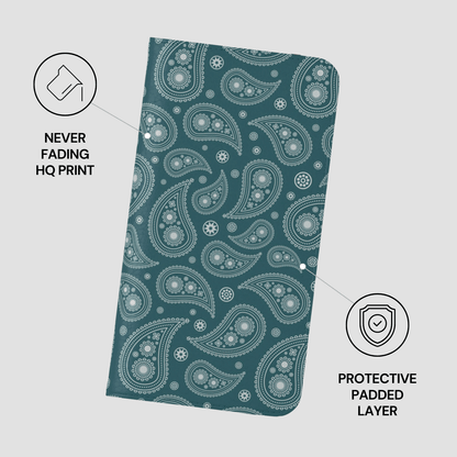 Teal fabric with white paisley pattern on a light gray background