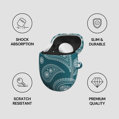 Teal paisley-patterned case for wireless earbuds with feature icons and text on a light gray background