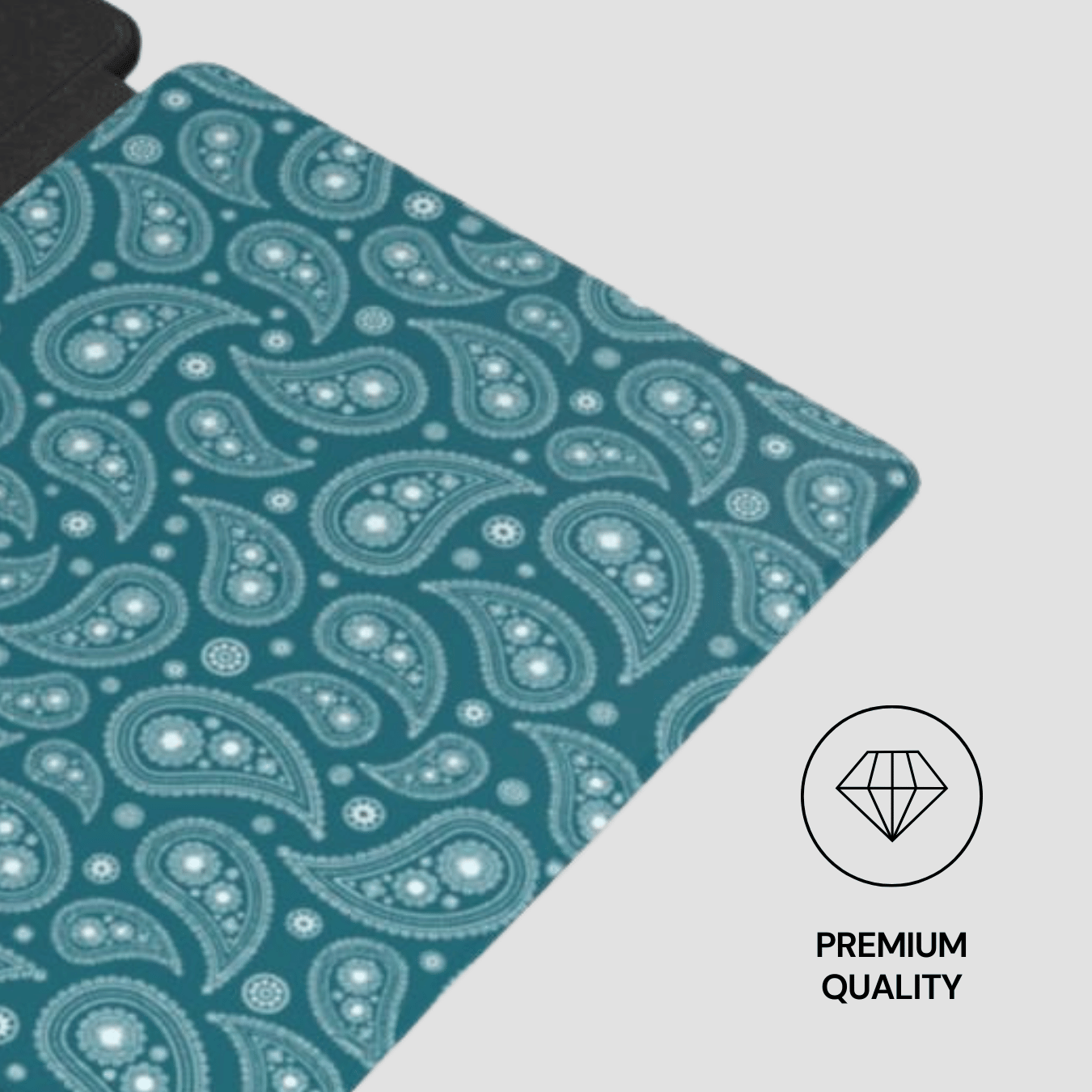 Teal paisley patterned product with a 'Premium Quality' label on a light gray background