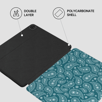 Black and teal patterned tablet case with features highlighted on a light gray background