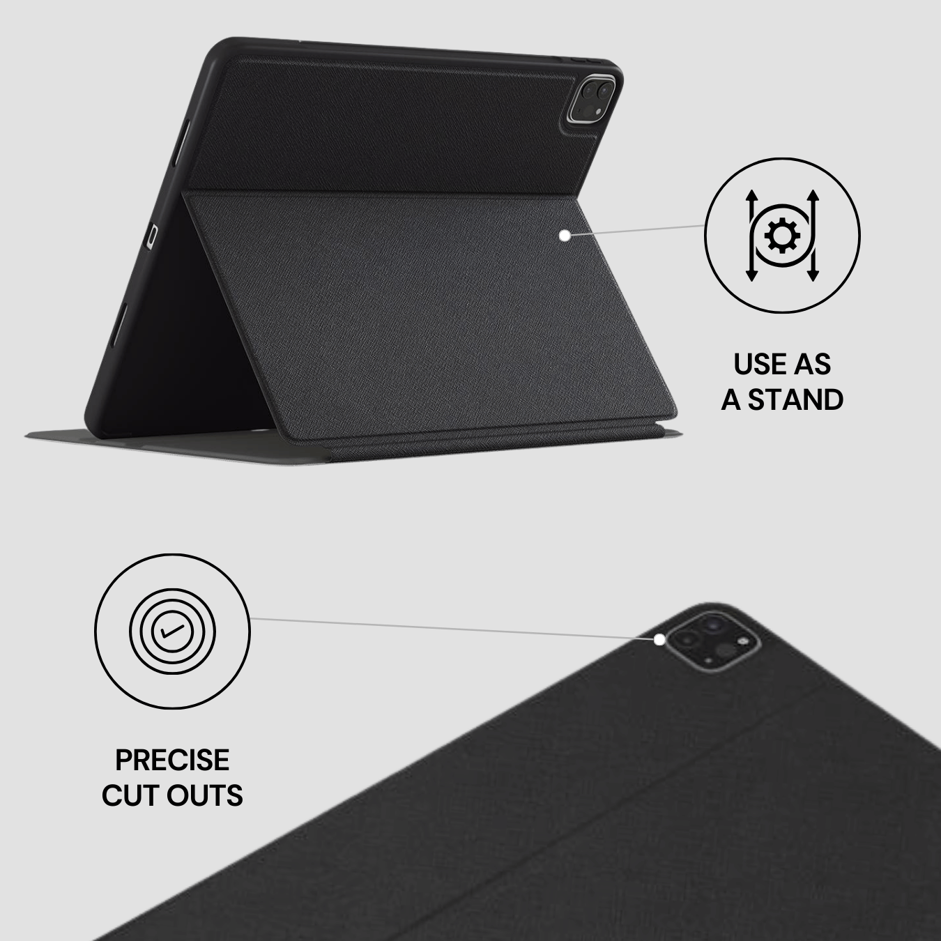 Black tablet case with stand feature on a light gray background