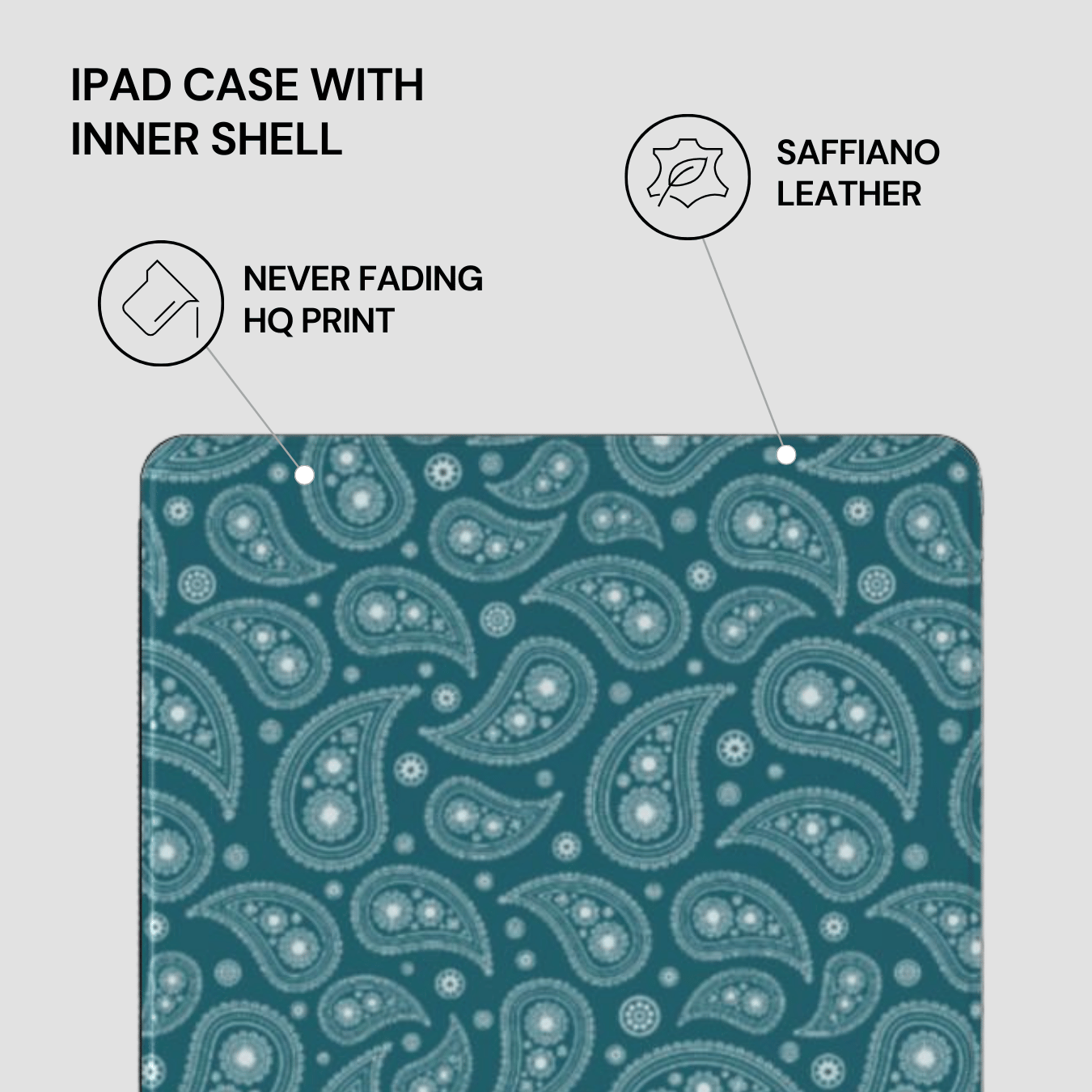 Teal paisley patterned iPad case with inner shell on a light gray background